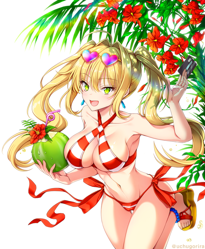 1girl :d bangs between_fingers bikini blonde_hair blush breasts cleavage coconut collarbone crazy_straw credit_card criss-cross_halter drinking_straw eyebrows_visible_through_hair fate/grand_order fate_(series) flower green_eyes hair_between_eyes hair_intakes halterneck heart-shaped_sunglasses hibiscus holding large_breasts long_hair navel nero_claudius_(swimsuit_caster)_(fate) open_mouth palm_tree rainbow red_bikini red_flower sandals side-tie_bikini sidelocks smile solo sunglasses sunglasses_on_head swimsuit thighs tree twintails twitter_username uchuu_gorira white_bikini