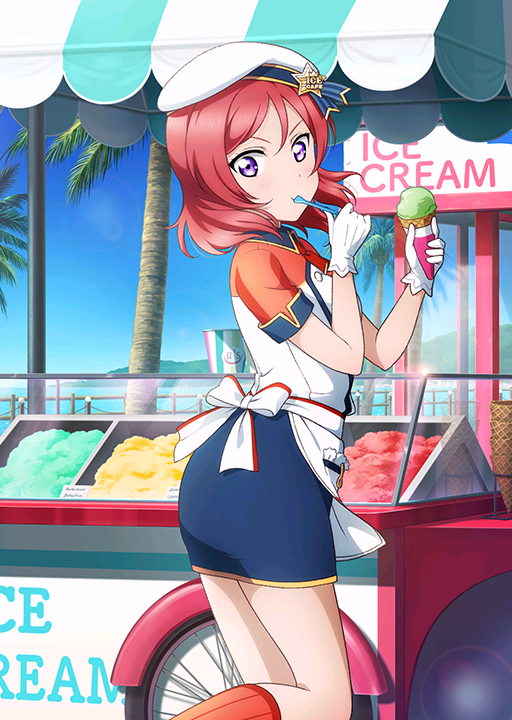 1girl apron artist_request beret day eating food gloves hat holding ice_cream ice_cream_cone ice_cream_spoon kneehighs love_live! love_live!_school_idol_festival necktie nishikino_maki ocean official_art outdoors palm_tree redhead short_hair short_sleeves skirt solo spoon spoon_in_mouth star sunlight tree uniform violet_eyes