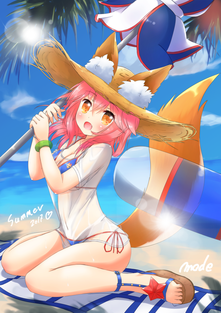 10s 1girl animal_ears bell bell_collar bikini blue_bikini blush breasts cleavage collar collarbone ears_through_headwear fate/extra fate/grand_order fate_(series) fox_ears fox_tail hat large_breasts long_hair looking_at_viewer mode_(mode-n) nature ocean open_mouth outdoors palm_tree pink_hair see-through solo swimsuit tail tamamo_(fate)_(all) tamamo_no_mae_(swimsuit_lancer)_(fate) tree yellow_eyes