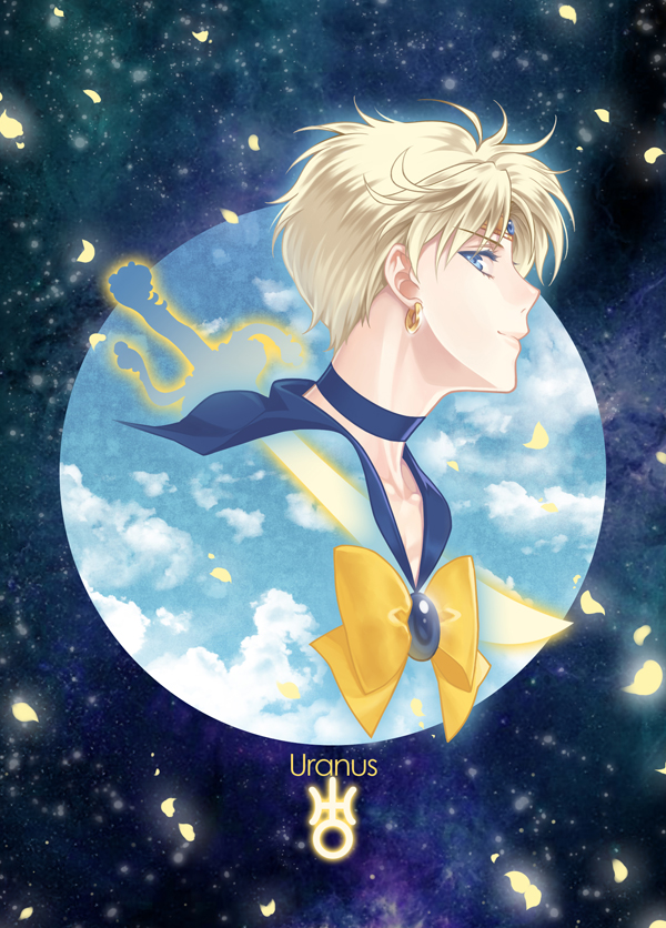 1girl bishoujo_senshi_sailor_moon blonde_hair blue_background blue_choker blue_eyes blue_sailor_collar bow brooch character_name closed_mouth earrings from_side jewelry looking_at_viewer magical_girl nickii25 profile sailor_uranus short_hair smile solo ten'ou_haruka uranus_symbol yellow_bow
