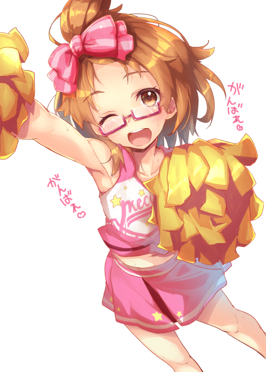 1girl ;d alternate_hairstyle arm_up armpits bow brown_eyes brown_hair cheerleader glasses hair_bow happy looking_at_viewer one_eye_closed open_mouth pink-framed_eyewear pink_bow pink_skirt pom_poms precure satou_(kuso-neet) shirabe_ako shirt short_hair skirt sleeveless sleeveless_shirt smile solo suite_precure white_background