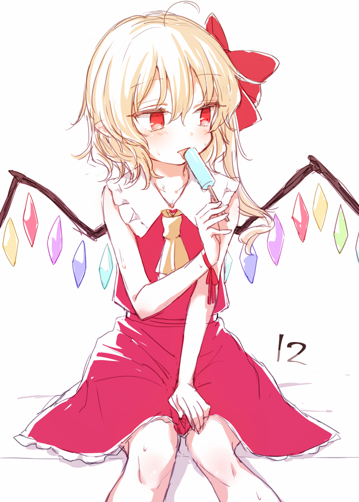 1girl ahoge ascot blonde_hair bow collarbone crystal flandre_scarlet food frilled_shirt_collar frills hair_between_eyes hair_bow honotai licking looking_away no_hat no_headwear pointy_ears popsicle red_bow red_eyes red_shirt red_skirt shirt side_ponytail sitting skirt skirt_set sleeveless sleeveless_shirt solo sweat touhou wings
