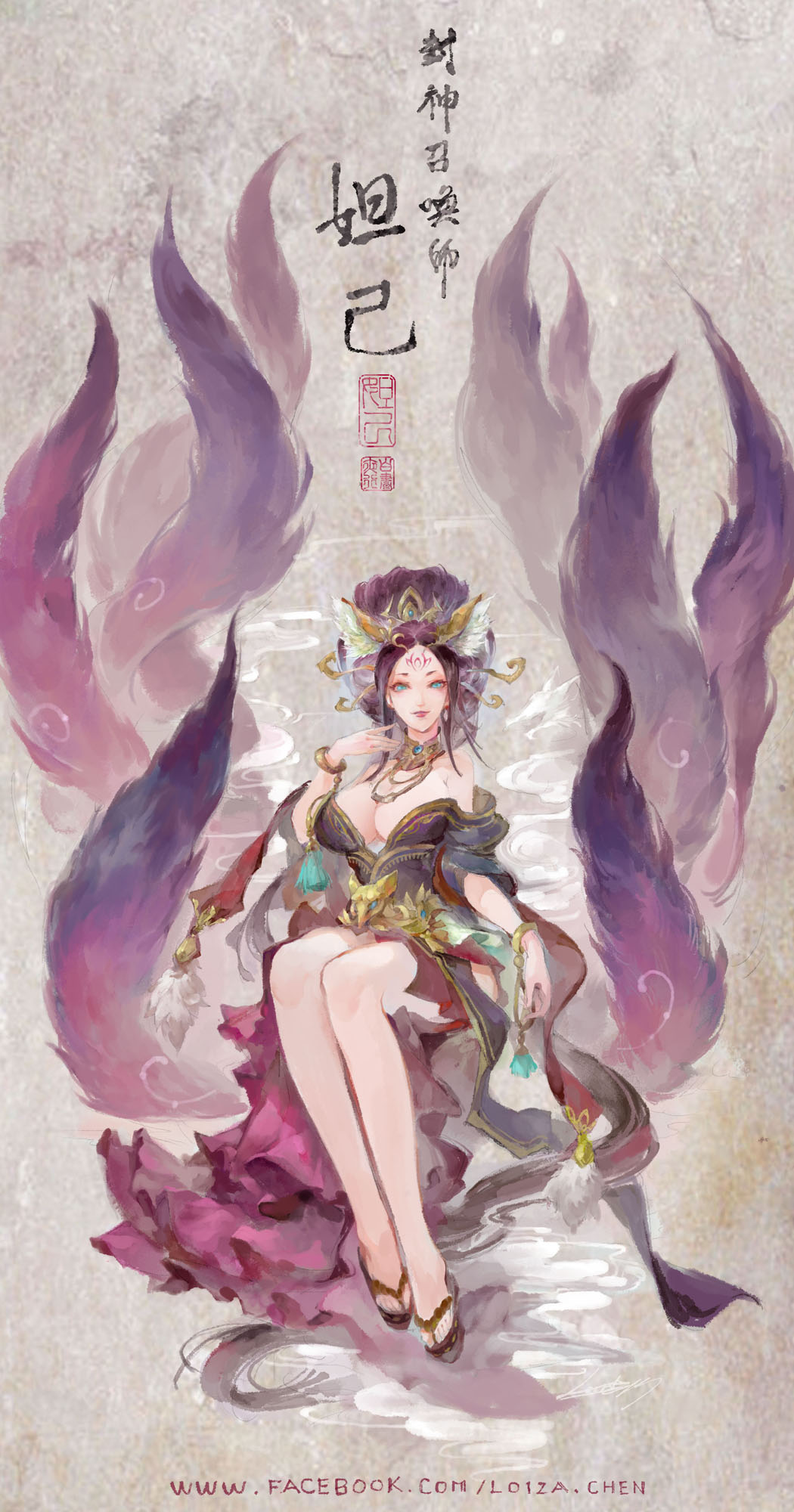 1girl animal_ears bare_shoulders blue_eyes bracelet breasts calligraphy_brush calligraphy_brush_(medium) cleavage fox_ears fox_tail highres jewelry large_breasts legs lips loiza long_hair looking_at_viewer multiple_tails paintbrush ponytail purple_hair sitting smile solo tail thighs toes translation_request