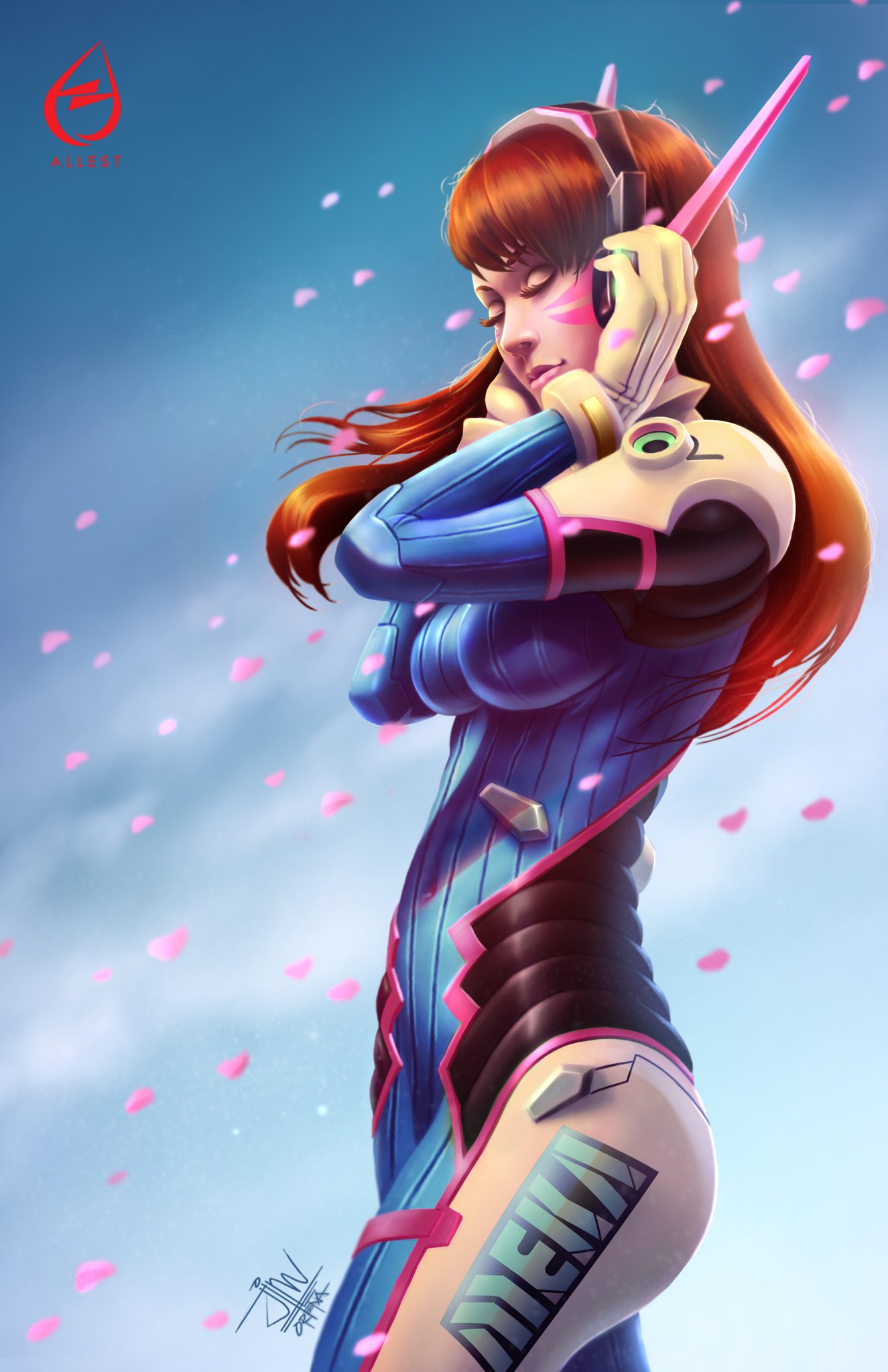1girl acronym allestent animal_print artist_name asian bangs blue_bodysuit blue_sky bodysuit breasts brown_hair bunny_print closed_eyes clothes_writing clouds cowboy_shot d.va_(overwatch) day facepaint facial_mark gloves hands_on_headphones headphones high_collar highres light_smile lips long_hair medium_breasts nose outdoors overwatch petals pilot_suit pink_lips ribbed_bodysuit shoulder_pads signature skin_tight sky solo swept_bangs watermark whisker_markings white_gloves