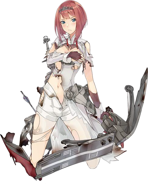 1girl ark_royal_(kantai_collection) blue_eyes bow_(weapon) dress kantai_collection konishi_(koconatu) machinery official_art redhead short_hair solo torn_clothes torn_dress weapon white_dress