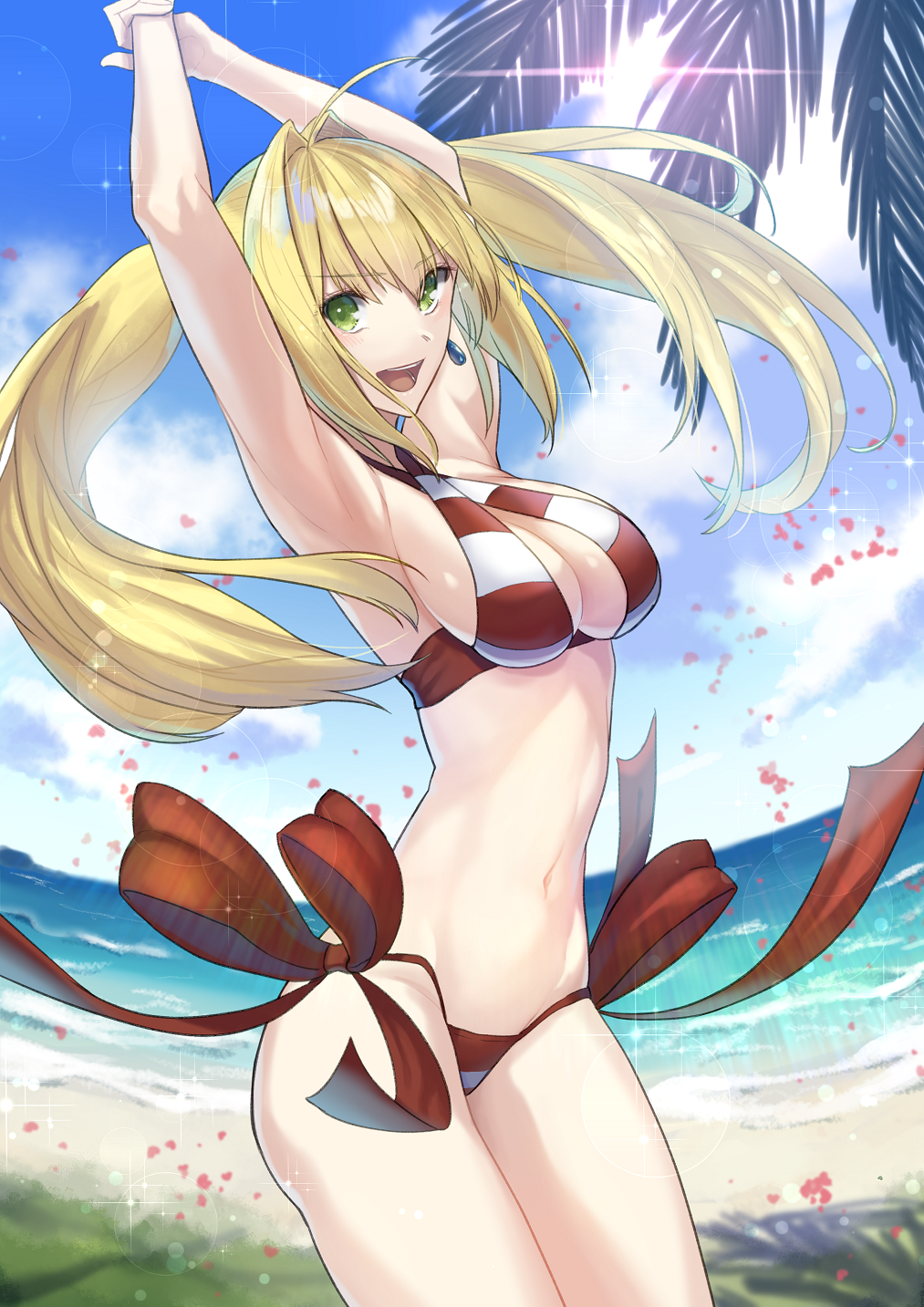 1girl ahoge armpits arms_up bangs beach bikini blonde_hair breasts contrapposto cowboy_shot criss-cross_halter eyebrows_visible_through_hair fate/grand_order fate_(series) fisheye hair_intakes halter_top halterneck highres large_breasts lip-mil long_hair looking_at_viewer navel nero_claudius_(swimsuit_caster)_(fate) open_mouth outdoors red_bikini side-tie_bikini sidelocks smile solo striped striped_bikini swimsuit teeth twintails white_bikini
