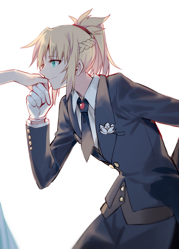 2girls backlighting bangs black_necktie closed_mouth eyebrows_visible_through_hair fate/apocrypha fate_(series) gloves half_updo hand_kiss hand_up kiss leaning_forward long_sleeves multiple_girls necktie out_of_frame ponytail profile ruler_(fate/apocrypha) saber_of_red sidelocks smile solo_focus tuxedo white_gloves yorukun