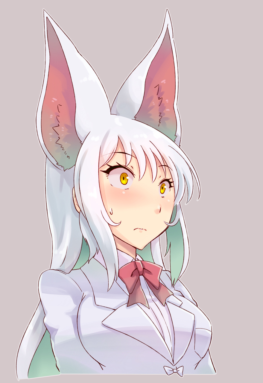 1girl animal_ears blush breasts embarrassed fox_ears grey_background highres kemono_friends long_hair looking_at_viewer medium_breasts oinari-sama_(kemono_friends) sakuragi_rian simple_background solo sweat upper_body