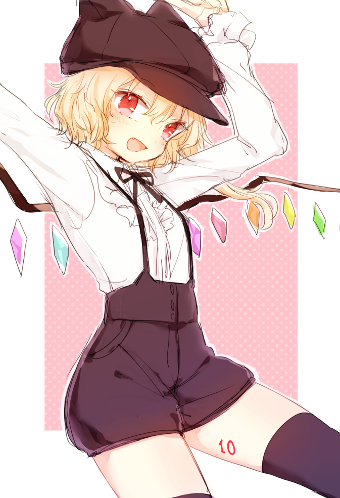1girl :d alternate_costume black_legwear blonde_hair blush collared_shirt crystal flandre_scarlet flat_cap from_side hair_between_eyes hat honotai long_sleeves looking_at_viewer looking_to_the_side neck_ribbon open_mouth red_eyes ribbon shirt shorts side_ponytail smile solo suspender_shorts suspenders thigh-highs touhou white_shirt wings