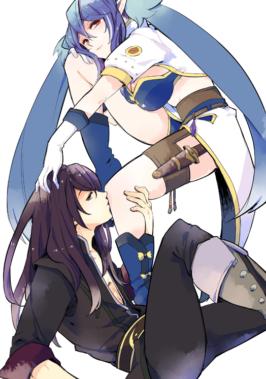 1boy 1girl belt black_hair black_pants black_shirt blue_boots blue_bra blue_hair boots bra breasts gloves grey_boots hand_on_another's_head hidaka_ryou judith leg_kiss long_hair pants pointy_ears red_eyes shirt smile tales_of_(series) tales_of_vesperia twintails underwear white_background white_gloves yuri_lowell