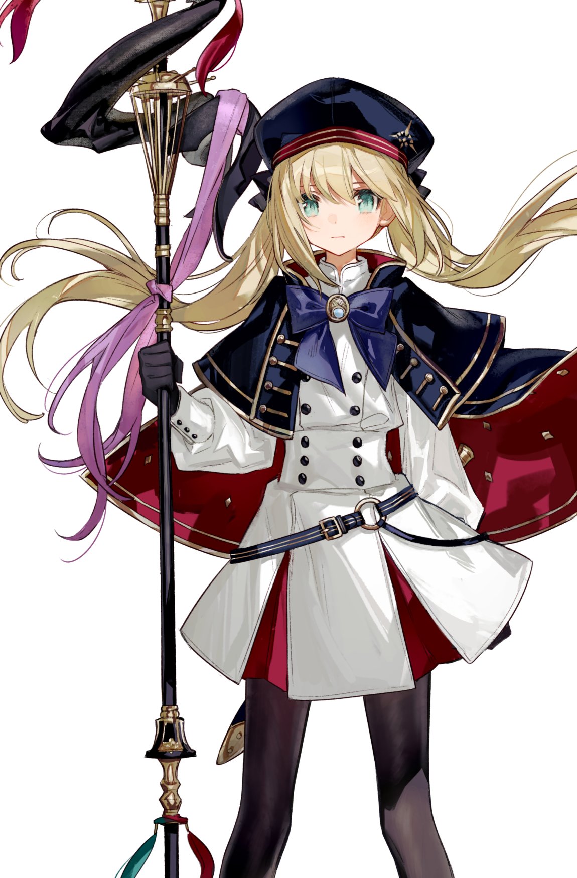 1girl artoria_pendragon_(caster)_(fate) artoria_pendragon_(fate) bangs belt beret black_gloves black_legwear blonde_hair blue_cape blue_headwear blush breasts buttons cape chocoan double-breasted dress fate/grand_order fate_(series) gloves green_eyes hat highres holding holding_staff hood hooded_cape long_hair long_sleeves looking_at_viewer multicolored_cape multicolored_clothes pantyhose red_cape small_breasts solo staff thighs twintails white_dress
