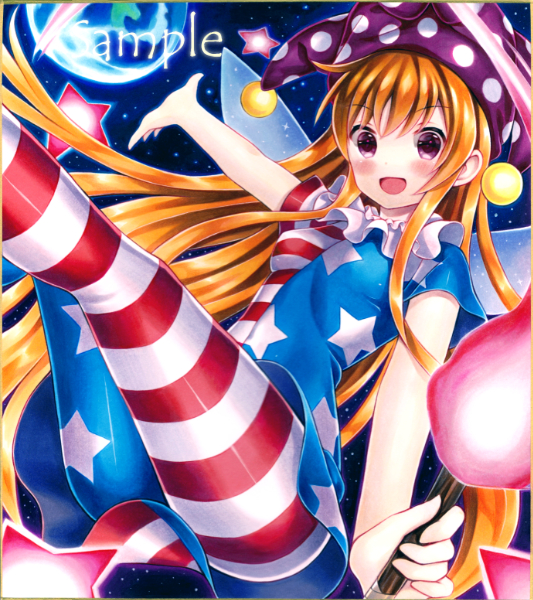 1girl :d american_flag_dress american_flag_legwear bangs blonde_hair blush breasts clownpiece dress earth eyebrows_visible_through_hair fairy fairy_wings hat holding jester_cap kodamahikarigo legs_up long_hair looking_at_viewer neck_ruff open_mouth outstretched_arm pantyhose print_legwear reclining sample short_dress short_sleeves sidelocks sky small_breasts smile solo star star_(sky) star_print starry_sky striped striped_legwear torch touhou traditional_media very_long_hair violet_eyes wings