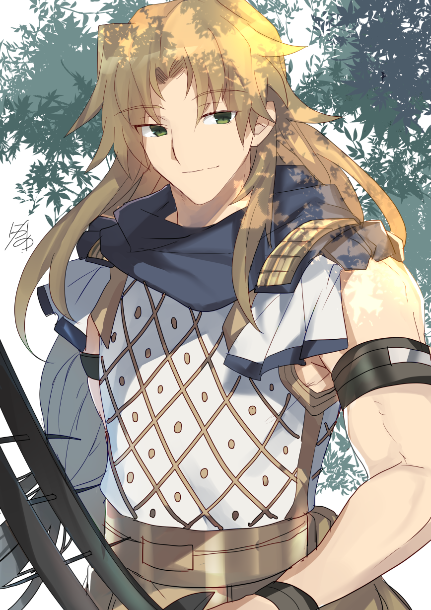 archer_of_black artist_name bangs blonde_hair blush bow_(weapon) brown_hair closed_mouth eyebrows_visible_through_hair fate/apocrypha fate_(series) green_eyes highres holding holding_bow_(weapon) holding_weapon male_focus nikame parted_bangs signature smile solo tree_shade weapon