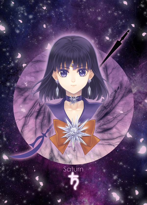 1girl bishoujo_senshi_sailor_moon black_hair bow brooch brown_bow character_name circlet collarbone earrings expressionless jewelry looking_at_viewer magical_girl nickii25 polearm purple purple_background purple_choker purple_sailor_collar sailor_saturn saturn_symbol short_hair silence_glaive solo spear star_choker tomoe_hotaru violet_eyes weapon