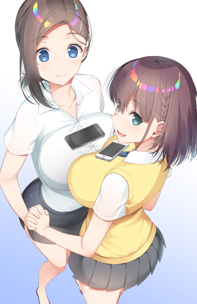 2girls ai-chan_(tawawa) asahina_hikage blue_background blue_eyes braid breast_press breasts brown_hair getsuyoubi_no_tawawa gradient gradient_background green_eyes hair_ornament hairclip hand_holding kouhai-chan_(tawawa) large_breasts long_hair looking_at_viewer looking_up mole mole_under_eye multiple_girls skirt symmetrical_docking tawawa_challenge thighs white_background