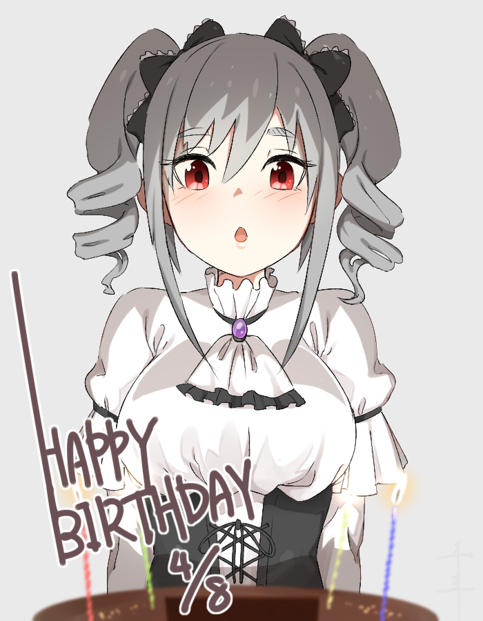 10s 1girl :o bangs birthday_cake blurry_foreground blush breasts cake candle commentary_request corset dated dress drill_hair eyebrows_visible_through_hair fire flame food gem grey_background grey_hair hair_ribbon happy_birthday idolmaster idolmaster_cinderella_girls kanzaki_ranko large_breasts looking_down open_mouth puffy_sleeves red_eyes ribbon sente short_sleeves simple_background solo twin_drills upper_body white_dress