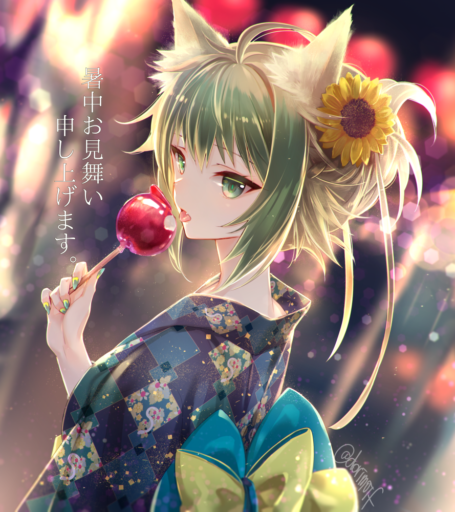 1girl ahoge animal_ears apple archer_of_red blonde_hair blush cat_ears fate/apocrypha fate/grand_order fate_(series) food fruit green_eyes green_hair japanese_clothes kimono long_hair looking_at_viewer miyuki_ruria multicolored_hair solo two-tone_hair