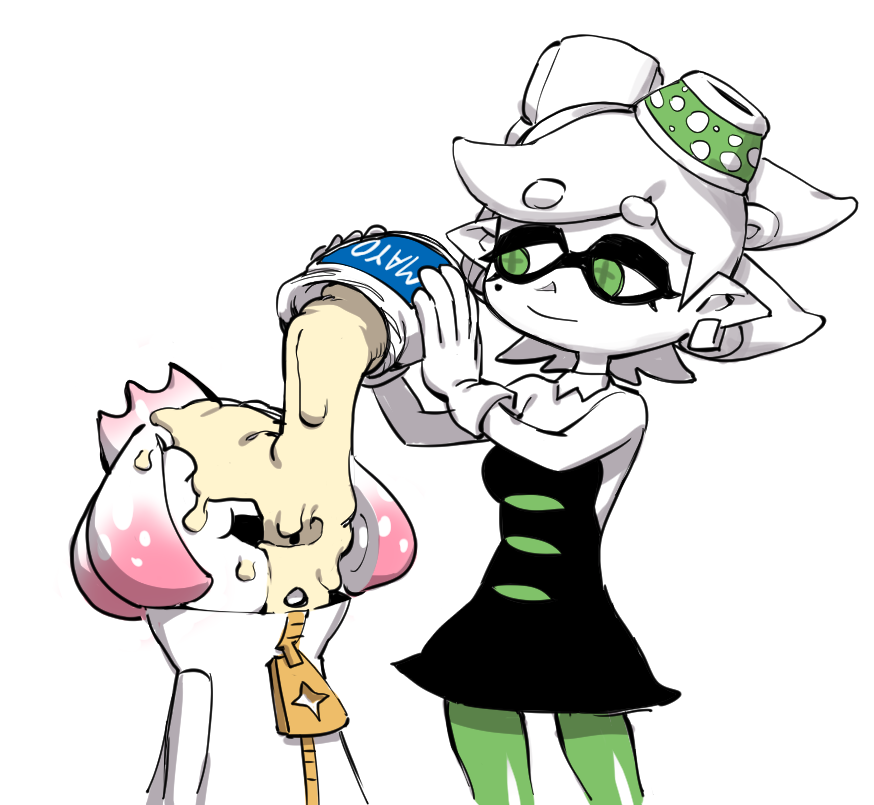 +_+ 2girls domino_mask dress earrings eyebrows_visible_through_hair gloves green_eyes green_legwear hair_ornament hime_(splatoon) hotaru_(splatoon) jar jewelry mask mayonnaise mole mole_under_eye monochrome multiple_girls open_mouth pointy_ears pouring simple_background sleeveless sleeveless_dress smile splatoon splatoon_2 strapless strapless_dress symbol-shaped_pupils taikodon white_background white_gloves zipper