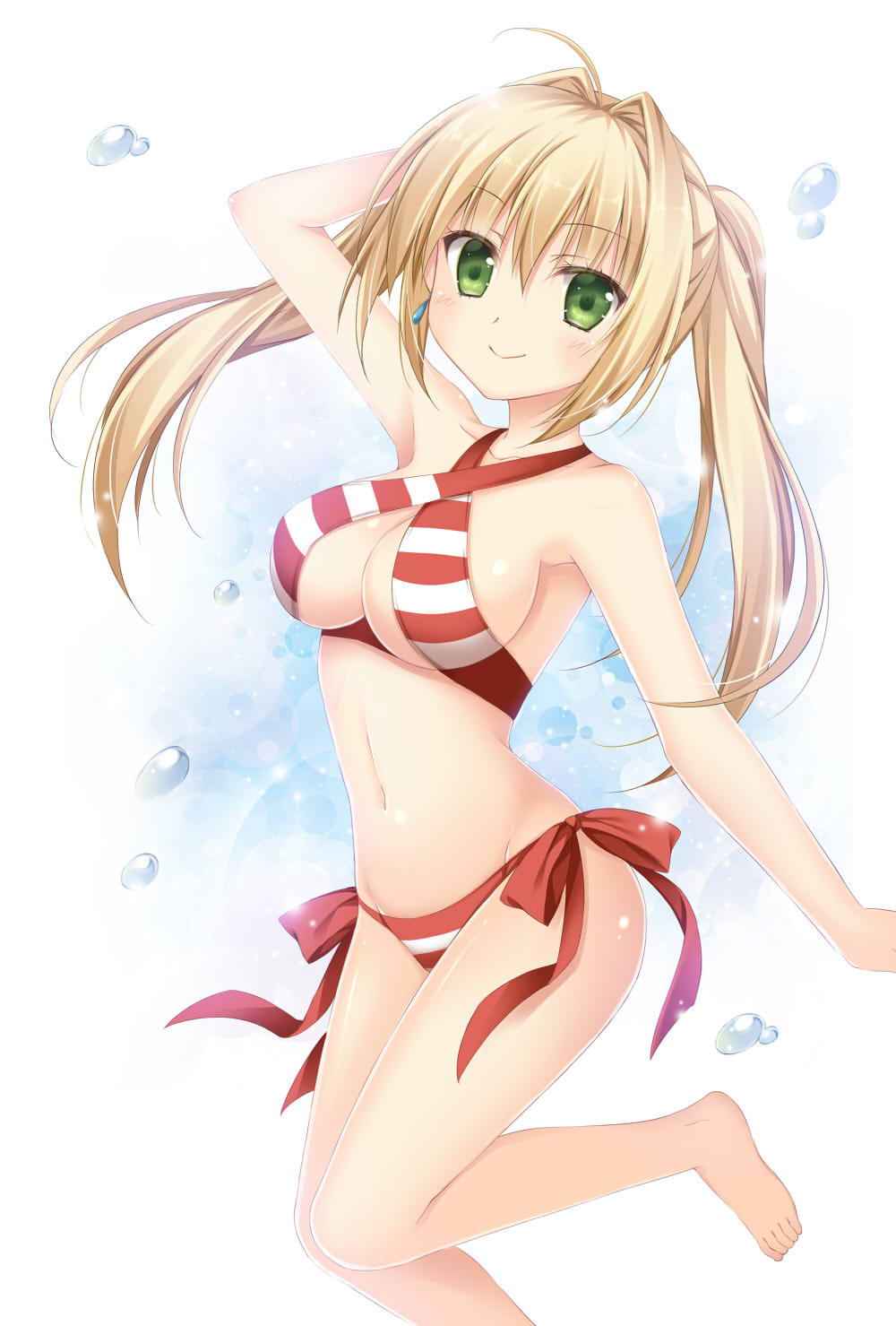 1girl barefoot blonde_hair blush breasts cleavage closed_mouth collarbone eyebrows_visible_through_hair fate/grand_order fate_(series) highres korie_riko large_breasts long_hair looking_at_viewer navel nero_claudius_(swimsuit_caster)_(fate) saber_extra smile solo twintails water_drop