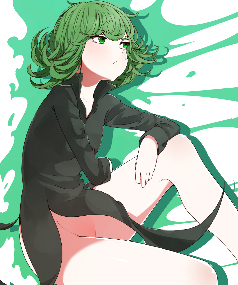 1girl bare_legs bare_shoulders black_dress blush breasts closed_mouth commentary_request curly_hair dress eyebrows_visible_through_hair green_eyes green_hair hand_on_own_knee looking_up no_panties one-punch_man sente sitting small_breasts solo tatsumaki upper_body