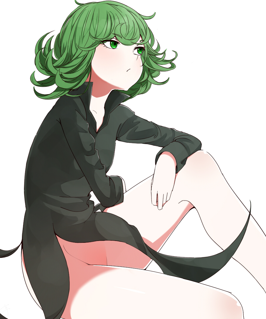 1girl bare_legs bare_shoulders black_dress blush breasts closed_mouth commentary_request curly_hair dress eyebrows_visible_through_hair green_eyes green_hair hand_on_own_knee looking_up no_panties one-punch_man sente simple_background sitting small_breasts solo tatsumaki upper_body white_background