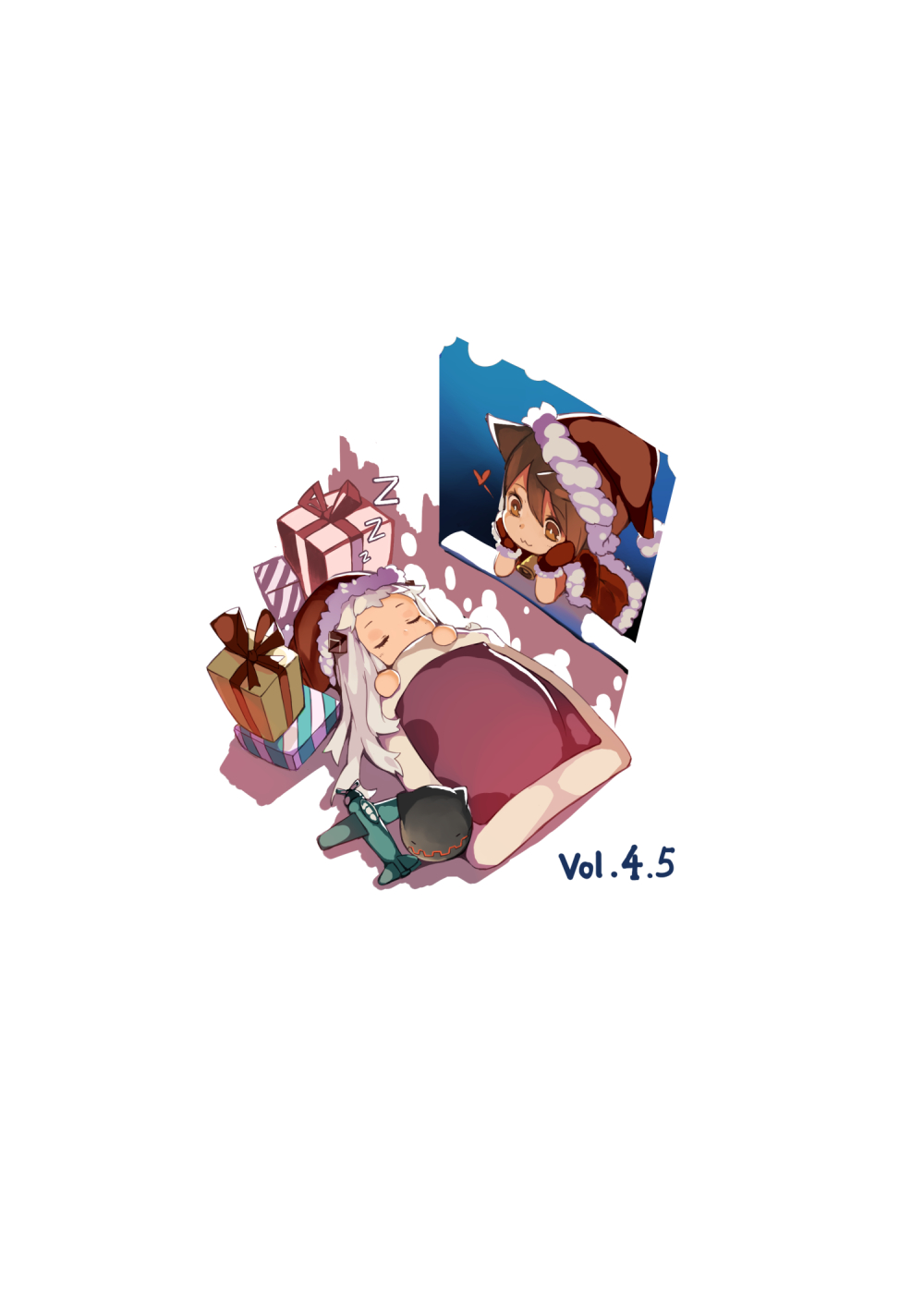 2girls :3 aircraft airplane alternate_skin_color blanket brown_eyes brown_hair character_request chin_rest closed_eyes enemy_aircraft_(kantai_collection) from_above futon gift hat heart highres horns kantai_collection mittens multiple_girls necolab northern_ocean_hime santa_costume santa_hat shinkaisei-kan sleeping white_hair window zzz