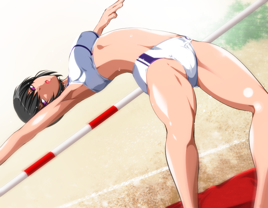 1girl bangs black_hair blush breasts groin jaja looking_at_viewer medium_breasts navel open_mouth original pink_eyes pole_vault short_hair solo sports_bikini stomach sweat