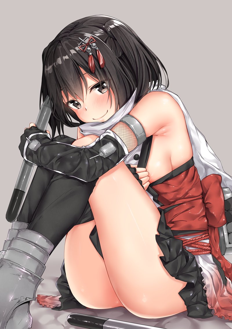 1girl armor armored_boots black_gloves black_hair black_legwear black_skirt blush boots breasts brown_eyes dress elbow_gloves fingerless_gloves frilled_dress frills gloves grey_background hair_ornament kantai_collection legs_up looking_at_viewer medium_breasts mujakuma pleated_skirt red_dress remodel_(kantai_collection) scarf sendai_(kantai_collection) shiny shiny_hair short_hair sideboob simple_background single_thighhigh sitting skirt smile socks solo thigh-highs torpedo turret twintails