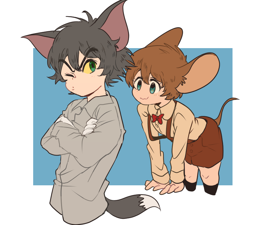 2boys animal_ears blue_eyes bow bowtie brown_hair cat_ears cat_tail gloves green_eyes grey_hair jerry_(tom_and_jerry) mouse_ears mouse_tail multiple_boys one_eye_closed personification shirt smile tail tom tom_and_jerry white_gloves yellow_sclera