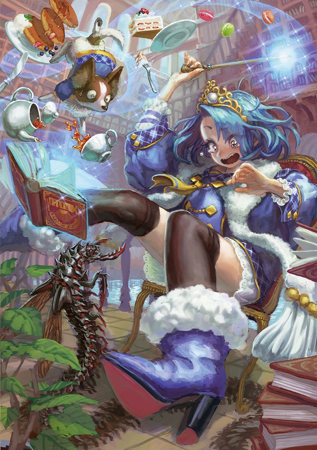 1girl animal animal_in_clothes black_legwear blonde_hair blue_dress blue_hair blush book book_stack boots cake chair creature cup dog dress food high_heel_boots high_heels holding holding_wand insect jon_taira kneehighs knife library magic open_book open_mouth pancake plate puffy_sleeves scared short_hair sitting teacup tears tiara wand