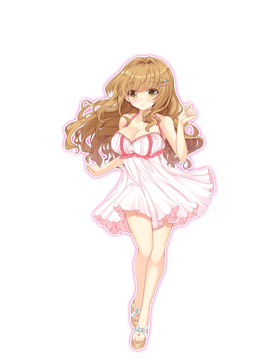 1girl bangs bare_shoulders blush breasts brown_eyes brown_hair cleavage collarbone dolphin_blade dress eyebrows_visible_through_hair full_body hair_ornament hairclip hinata_momo large_breasts long_hair looking_at_viewer official_art open_toe_shoes parted_lips pink_dress shoes short_dress sleeveless solo transparent_background