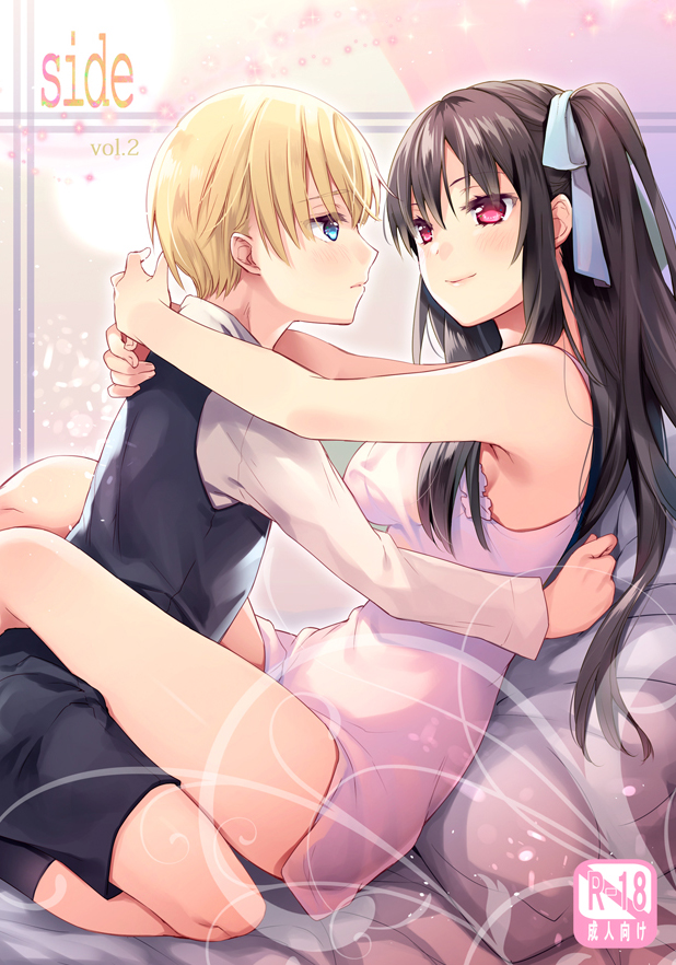 1boy 1girl age_difference arms_around_back bangs black_hair blonde_hair blue_eyes blue_ribbon blush closed_mouth cocoa_(cafe-hotcocoa) cover cover_page doujin_cover dress eye_contact eyebrows_visible_through_hair hair_ribbon long_hair looking_at_another one_side_up original pink_eyes profile ribbon sitting smile tsurime white_dress