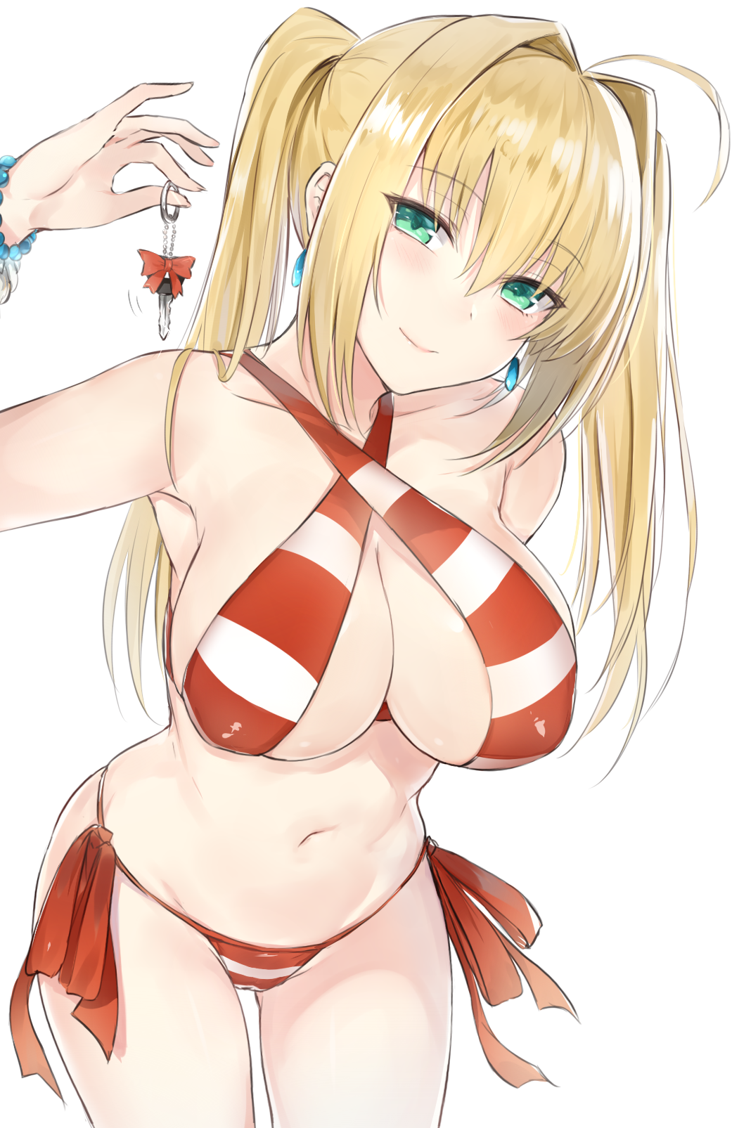 1girl ahoge arm_behind_back bangs bikini blonde_hair bracelet breasts closed_eyes closed_mouth commentary_request earrings eyes_visible_through_hair fate/grand_order fate_(series) green_eyes hair_intakes highres holding_key jewelry kyouki large_breasts leaning_forward long_hair looking_at_viewer motion_lines navel nero_claudius_(swimsuit_caster)_(fate) saber_extra side-tie_bikini sidelocks simple_background smile solo standing striped striped_bikini swimsuit twintails white_background