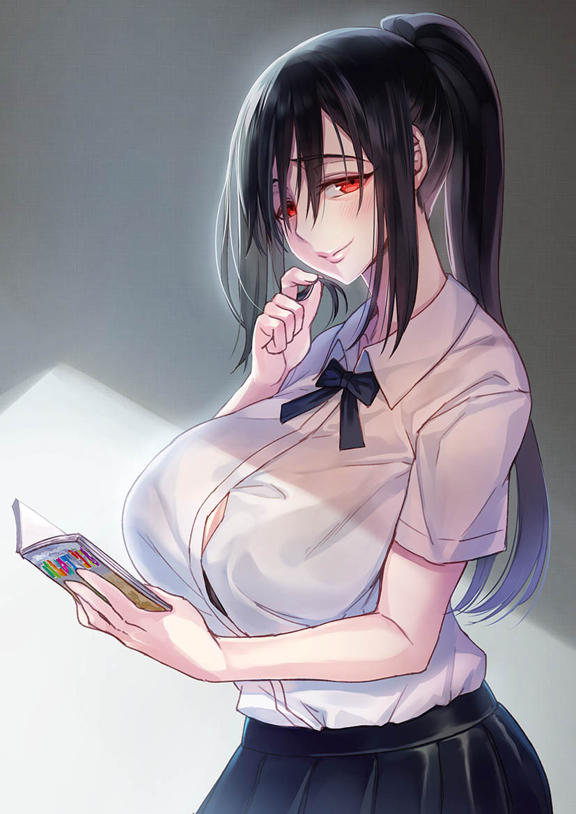 1girl :&gt; black_hair black_skirt blush book breasts cleavage closed_mouth collared_shirt commentary_request dress_shirt from_side hair_between_eyes hair_over_eyes high_ponytail holding holding_book holding_hair huge_breasts long_hair looking_at_viewer open_book original pleated_skirt ponytail red_eyes shirt skirt smile solo upper_body white_shirt wing_collar wings zhen_lu