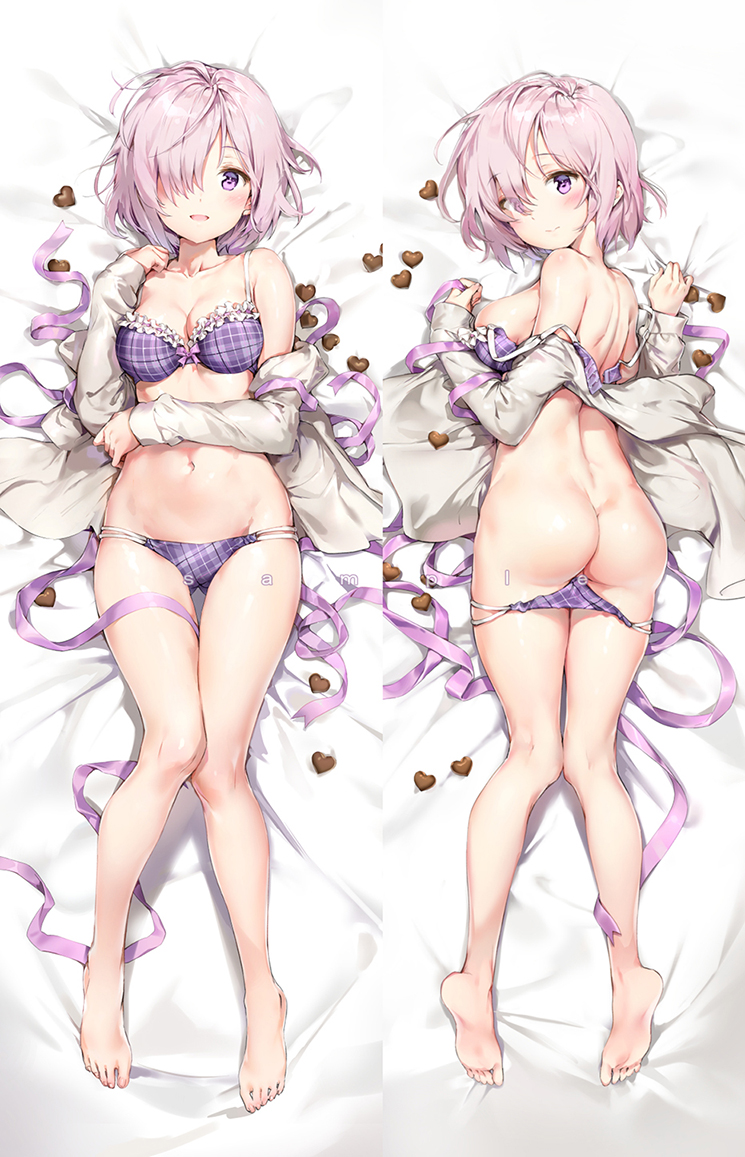 1girl anmi ass bangs bare_legs bare_shoulders barefoot bed_sheet blush bow bow_bra bra breasts censored chocolate chocolate_heart commentary_request dakimakura eyebrows_visible_through_hair eyes_visible_through_hair fate/grand_order fate_(series) frilled_bra frills from_above full_body hair_over_one_eye heart large_breasts lavender_hair looking_at_viewer looking_back lying medium_breasts multi-strapped_panties multiple_views navel off_shoulder on_back on_stomach open_clothes open_mouth panties panty_pull plaid plaid_bra plaid_panties purple_bra purple_panties ribbon sample shielder_(fate/grand_order) short_hair smile underwear violet_eyes