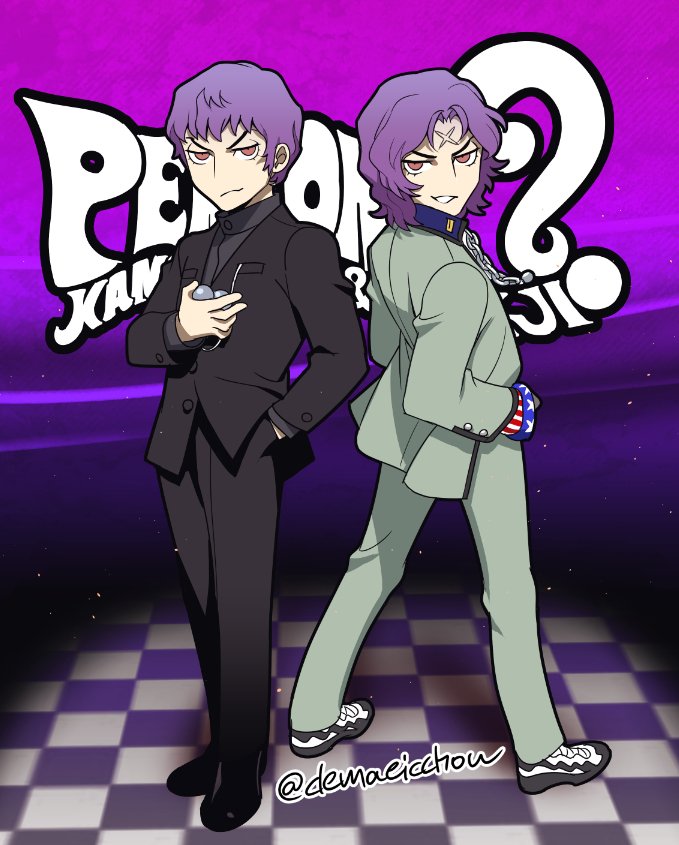 2boys american_flag american_flag_gloves american_flag_print bacher black_suit chains checkered checkered_floor flag_print formal full_body gakuran hand_in_pocket kandori_takahisa kido_reiji logo_parody male_focus multiple_boys official_style parody persona persona_1 persona_2 persona_q:_shadow_of_the_labyrinth purple_hair school_uniform short_hair style_parody suit twitter_username