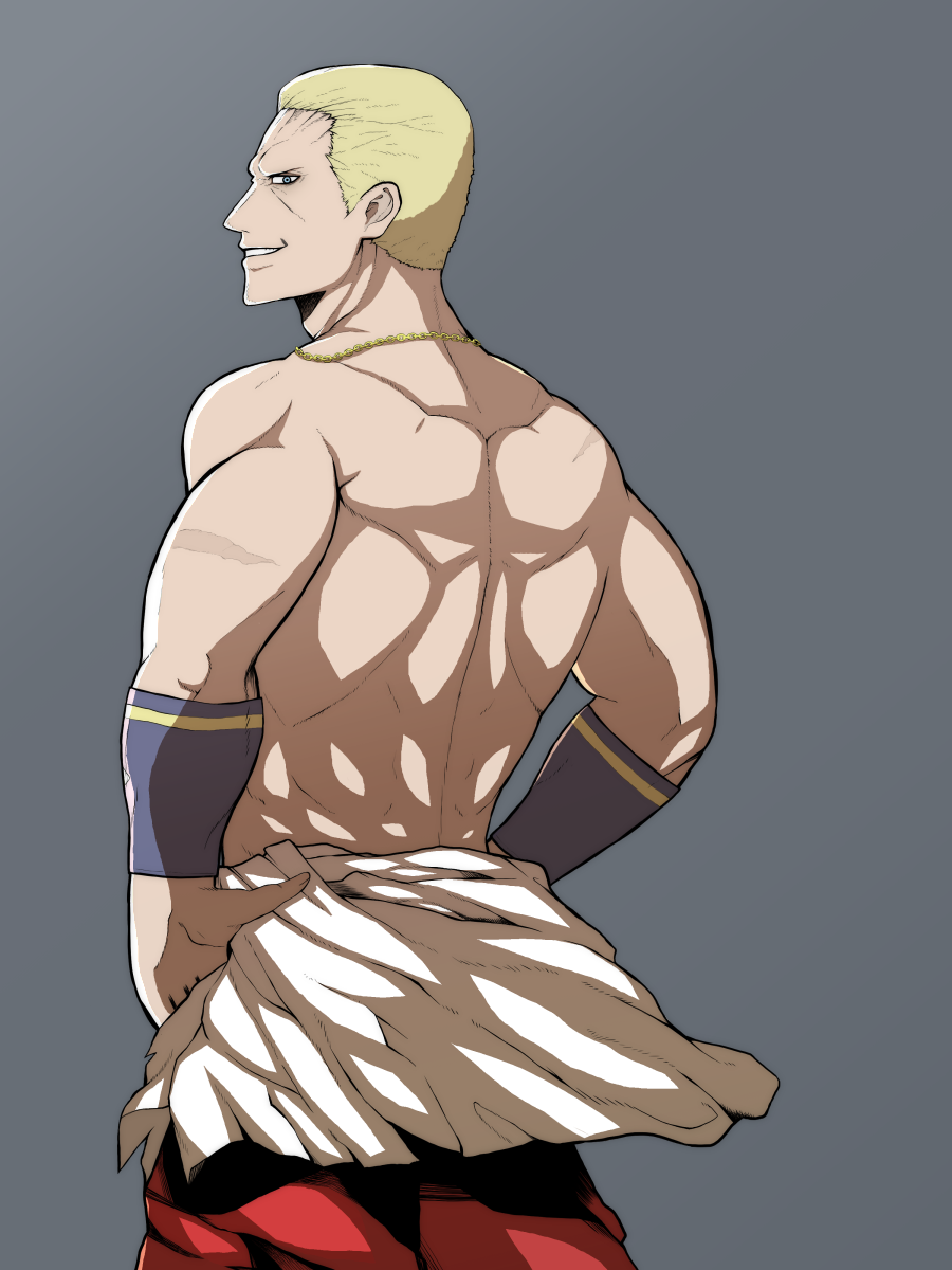 1boy armband blonde_hair evil evil_grin evil_smile facing_away fatal_fury geese_howard grin hakama helping-hand highres japanese_clothes jewelry necklace smile smirk snk solo the_king_of_fighters the_king_of_fighters_xiv