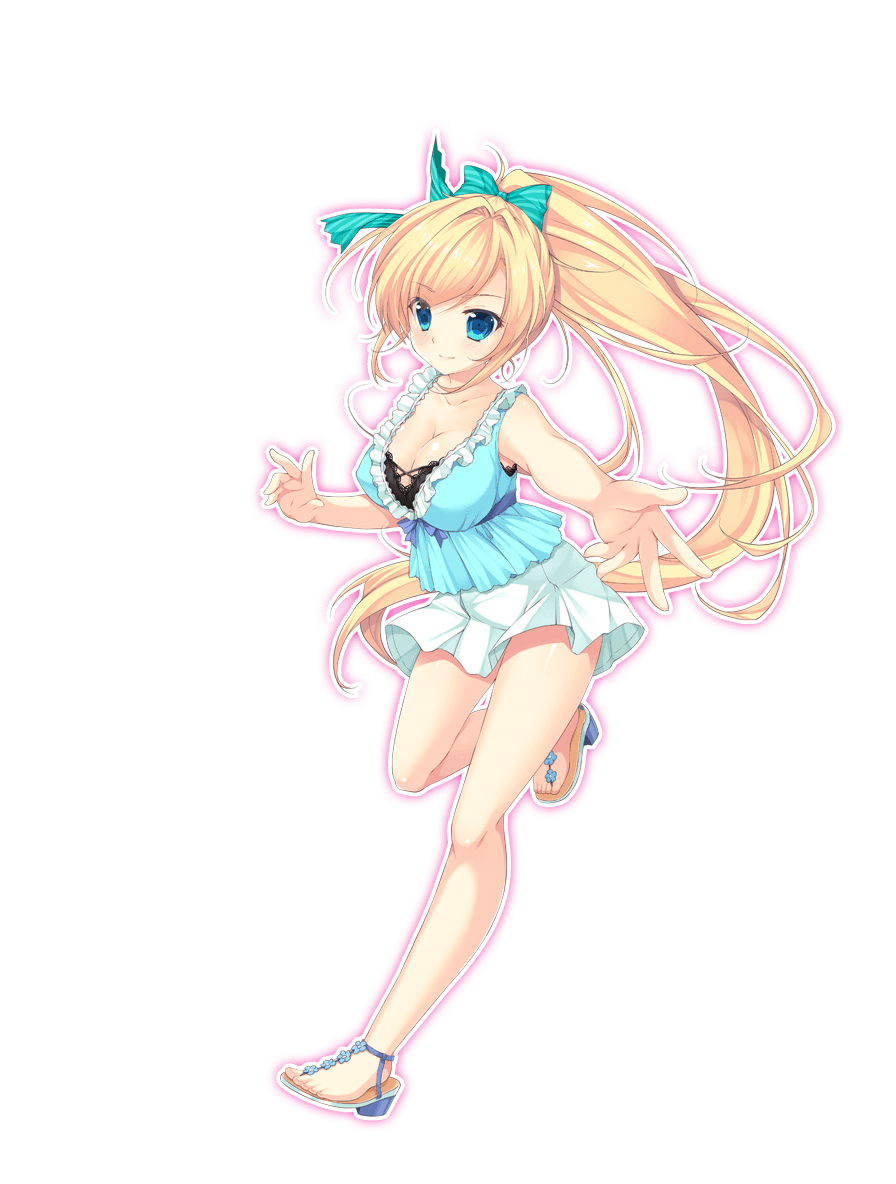 1girl bangs blonde_hair blue_eyes bow bowtie breasts cleavage collarbone dolphin_blade eyebrows_visible_through_hair frills full_body large_breasts long_hair looking_at_viewer mikeou one_leg_raised open_toe_shoes outstretched_arm ponytail sandals shoes skirt sleeveless smile solo transparent_background very_long_hair