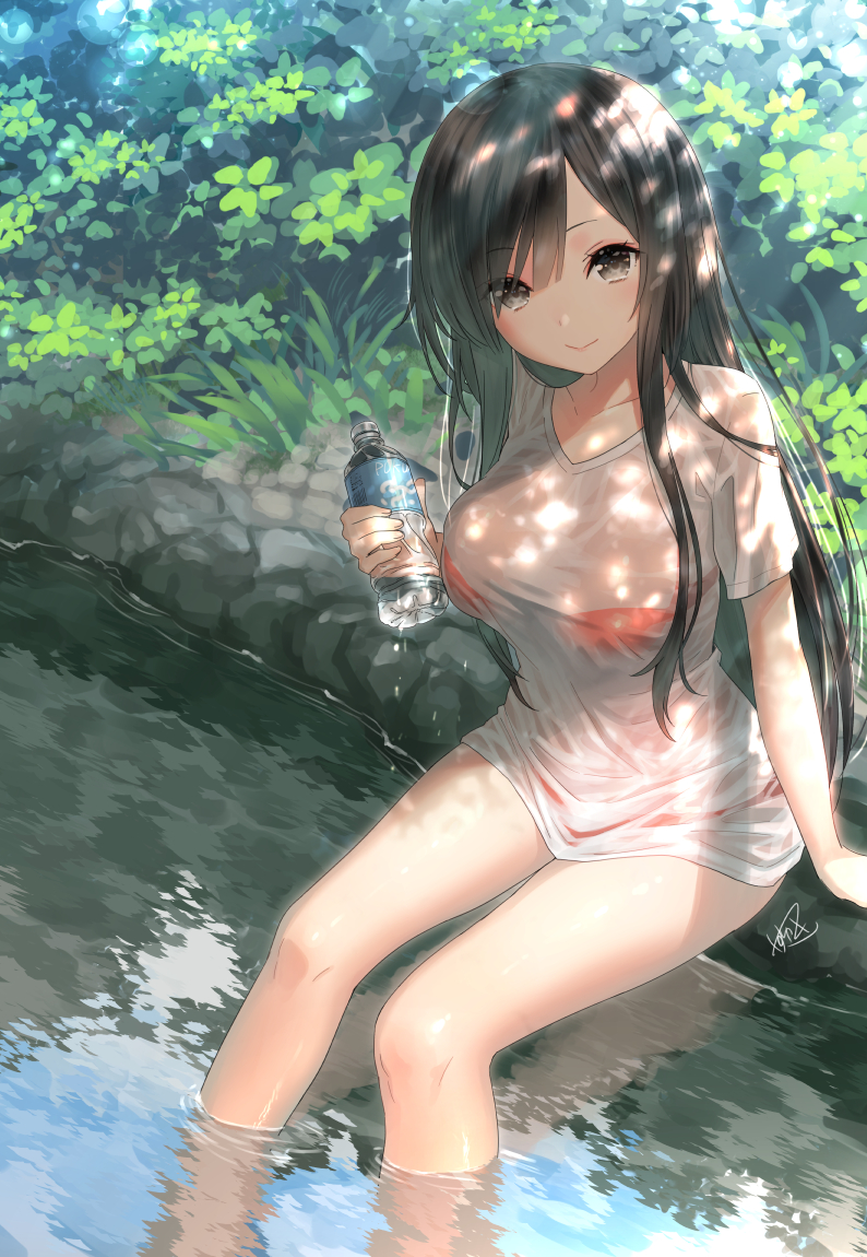 1girl arm_at_side bangs bare_legs bikini black_eyes black_hair bottle breasts closed_mouth dappled_sunlight eyebrows_visible_through_hair grass hair_over_one_eye holding holding_bottle large_breasts lens_flare long_hair looking_at_viewer nature no_pants original outdoors partially_submerged red_bikini reflection river see-through shadow shirt short_sleeves signature sitting smile soaking_feet solo sunlight swimsuit t-shirt tree water water_bottle wet wet_clothes wet_shirt white_shirt yasuyuki