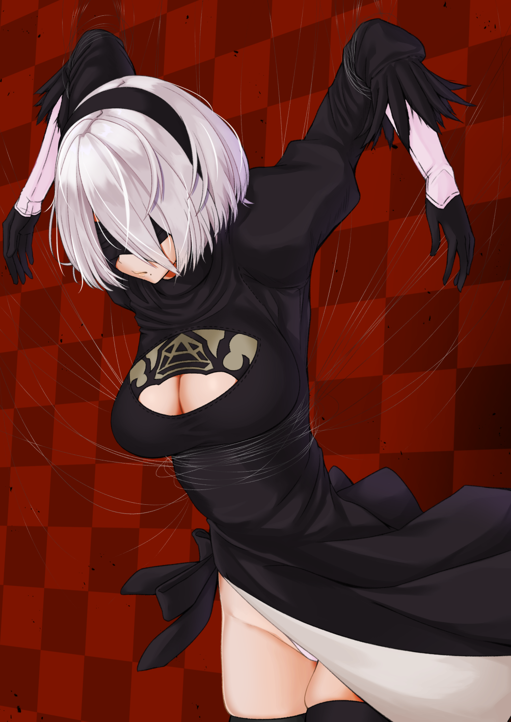 1girl black_dress black_legwear blindfold breasts checkered_wall cleavage cleavage_cutout covered_eyes dress gloves highres lein leotard long_sleeves medium_breasts mole mole_under_mouth nier_(series) nier_automata puffy_long_sleeves puffy_sleeves red_background restrained silk skindentation solo spider_web thigh-highs white_hair white_leotard yorha_no._2_type_b