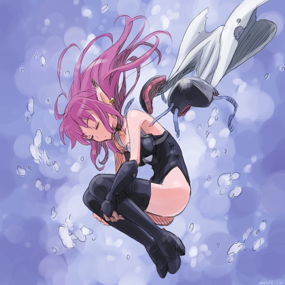 1girl armor boots bubble cape choker closed_eyes earrings fal_(phantasy_star) fetal_position floating isedaichi_ken jewelry leg_hug leotard phantasy_star phantasy_star_iv pink_hair pointy_ears shoulder_armor solo thigh-highs thigh_boots underwater