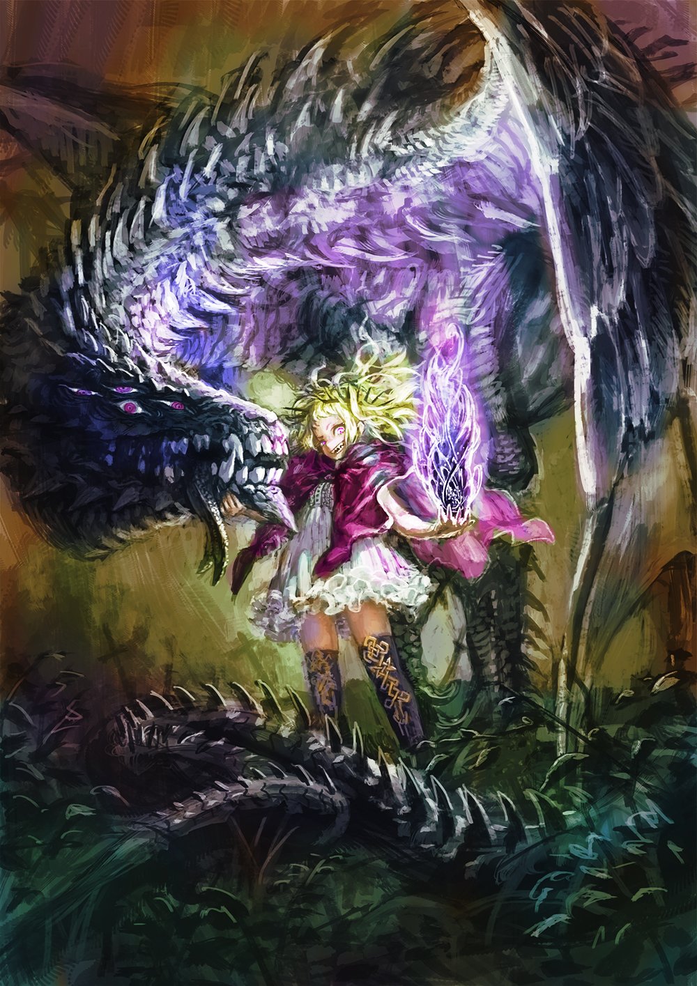 1girl after_battle battlefield blonde_hair commentary_request dragon dress evil_smile extra_eyes floating_hair frilled_skirt frills highres jon_taira looking_at_viewer magic pink_dress sharp_teeth skirt smile standing teeth thigh-highs violet_eyes white_skirt zettai_ryouiki
