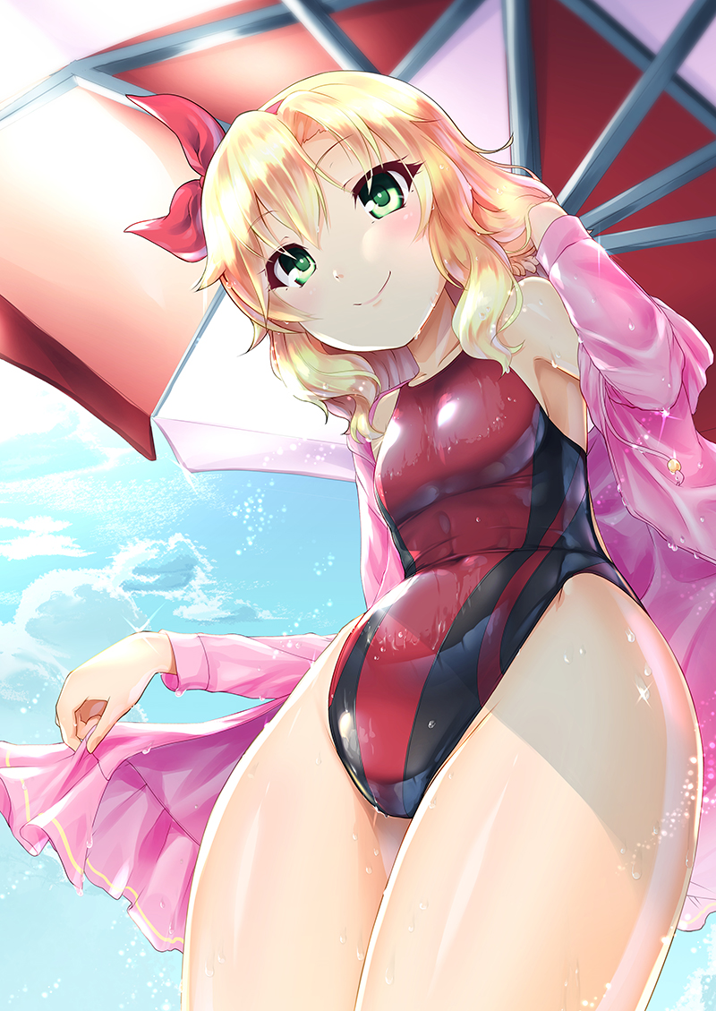 10s 1girl 8000 beach_umbrella blonde_hair blue_sky blush bow breasts closed_mouth clouds commentary_request competition_swimsuit cowboy_shot day eyebrows_visible_through_hair eyes_visible_through_hair green_eyes hair_bow hairband highleg highleg_swimsuit idolmaster idolmaster_cinderella_girls jacket legs_together looking_at_viewer one-piece_swimsuit pink_jacket red_swimsuit sakurai_momoka shiny shiny_clothes shiny_hair shiny_skin short_hair sky smile solo swimsuit umbrella water_drop wet