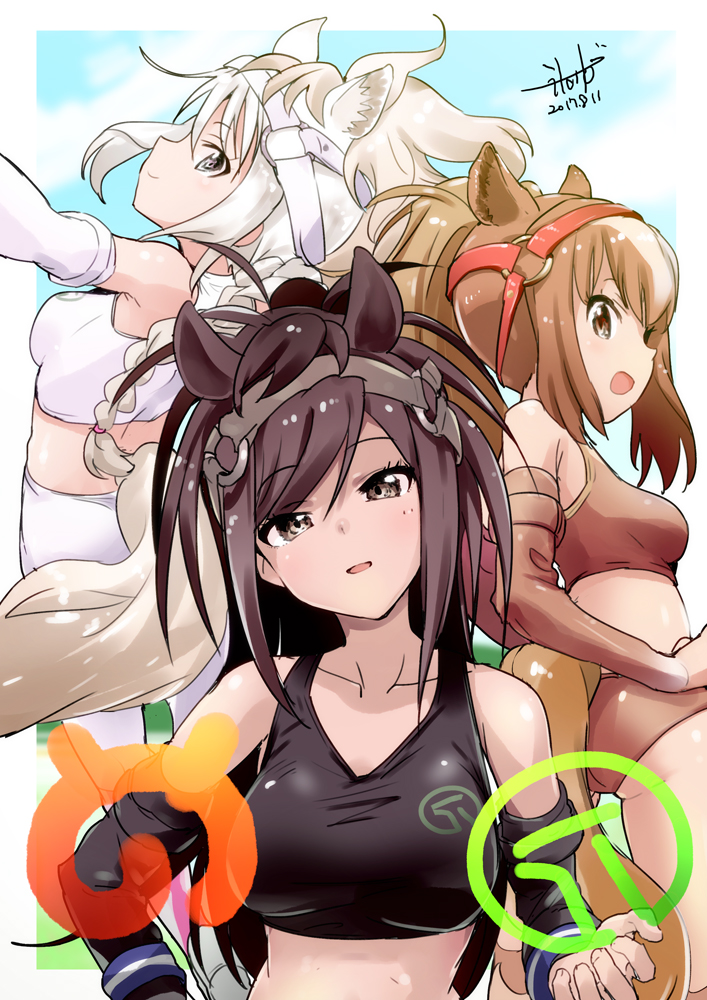 3girls animal_ears ass bare_shoulders black_eyes black_hair breasts brown_hair brown_thoroughbred_(kemono_friends) buruma chestnut_thoroughbred_(kemono_friends) dated detached_sleeves harness horse_ears horse_tail kemono_friends long_hair looking_at_viewer medium_breasts midriff multiple_girls open_mouth ponytail smile sports_bra sportswear sweatband tail track_uniform white_hair white_thoroughbred_(kemono_friends) yuu-yuu