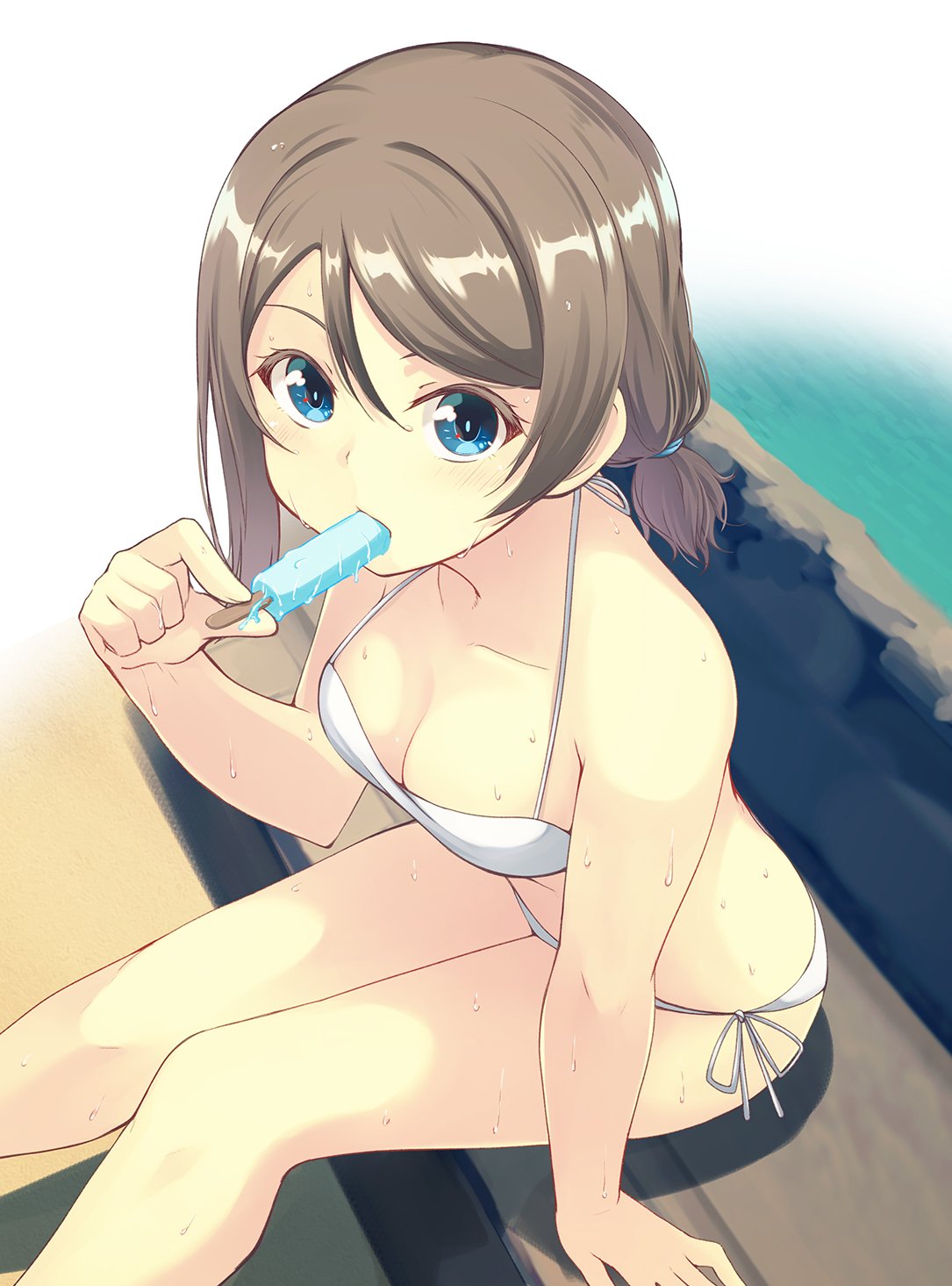 1girl arm_support bikini blue_eyes breasts bright_pupils brown_hair cleavage food from_above hair_between_eyes halterneck hand_to_own_mouth highres leaning_forward looking_at_viewer love_live! love_live!_sunshine!! medium_breasts mouth_hold nanotsuki popsicle short_hair short_ponytail side-tie_bikini sitting solo sweat swimsuit watanabe_you white_bikini