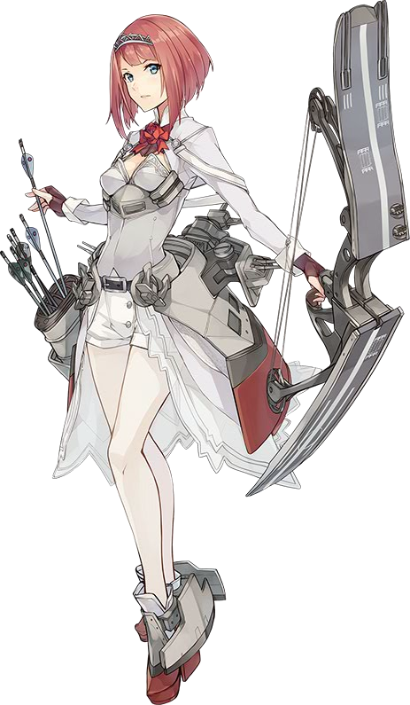 1girl ark_royal_(kantai_collection) arrow bow_(weapon) dress kantai_collection konishi_(koconatu) machinery official_art redhead short_hair simple_background weapon white_background white_dress