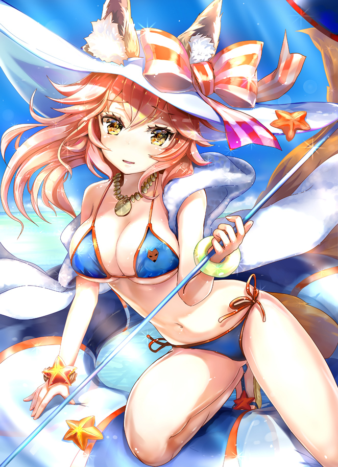 1girl animal_ears bikini blue_bikini blush breasts cleavage ears_through_headwear fate/grand_order fate_(series) fox_ears fox_tail hat innertube keepout large_breasts long_hair looking_at_viewer navel ocean open_mouth outdoors pink_hair ribbon solo swimsuit tail tamamo_(fate)_(all) tamamo_no_mae_(swimsuit_lancer)_(fate) water yellow_eyes