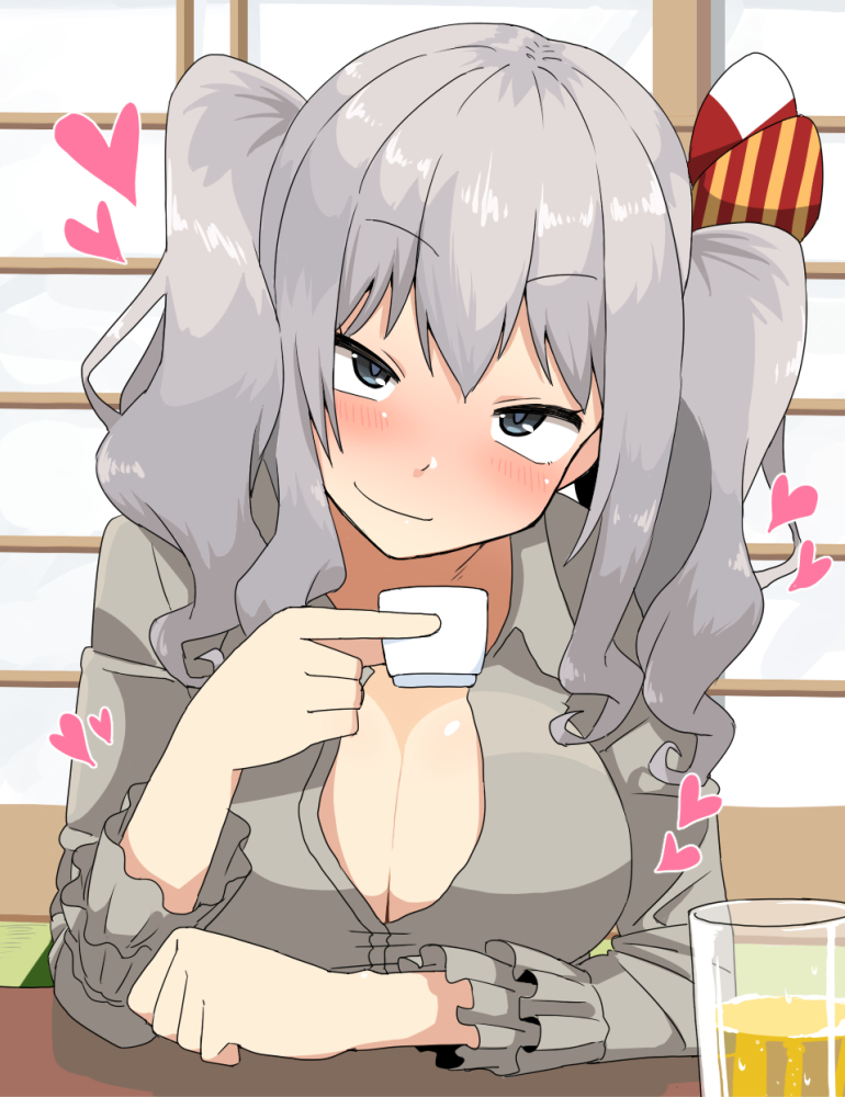 1girl blush breasts cleavage cup drinking_glass grey_hair heart kantai_collection kashima_(kantai_collection) kotatsu kozou_(rifa) looking_at_viewer sitting smile solo table twintails