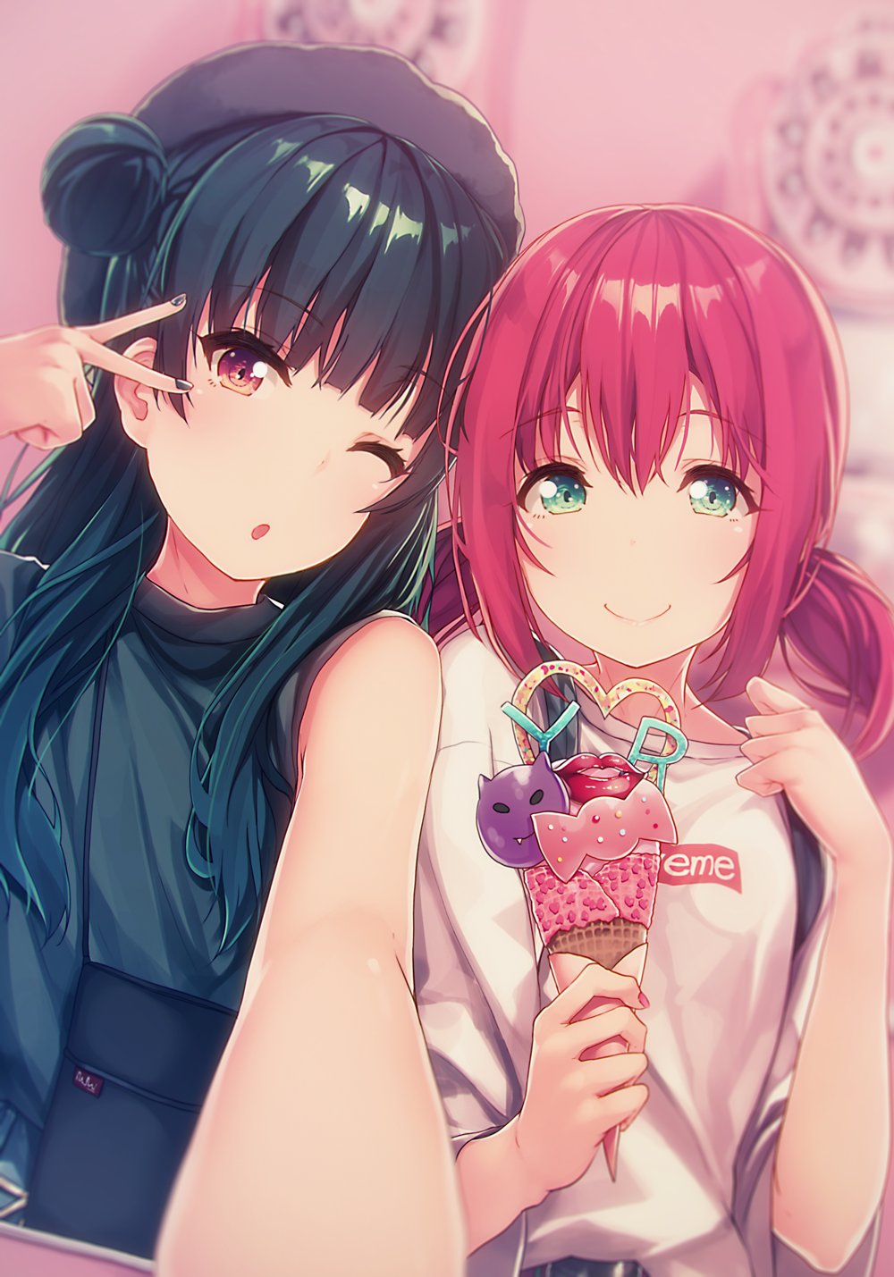 2girls ;o aqua_eyes bangs beret black_nails blue_hair clenched_hand commentary_request crepe food foreshortening hat highres kurosawa_ruby love_live! love_live!_sunshine!! multiple_girls nail_polish one_eye_closed pink_nails self_shot shirt side_bun siva_(executor) sleeveless sleeveless_shirt smile t-shirt tsushima_yoshiko twintails upper_body v_over_eye violet_eyes