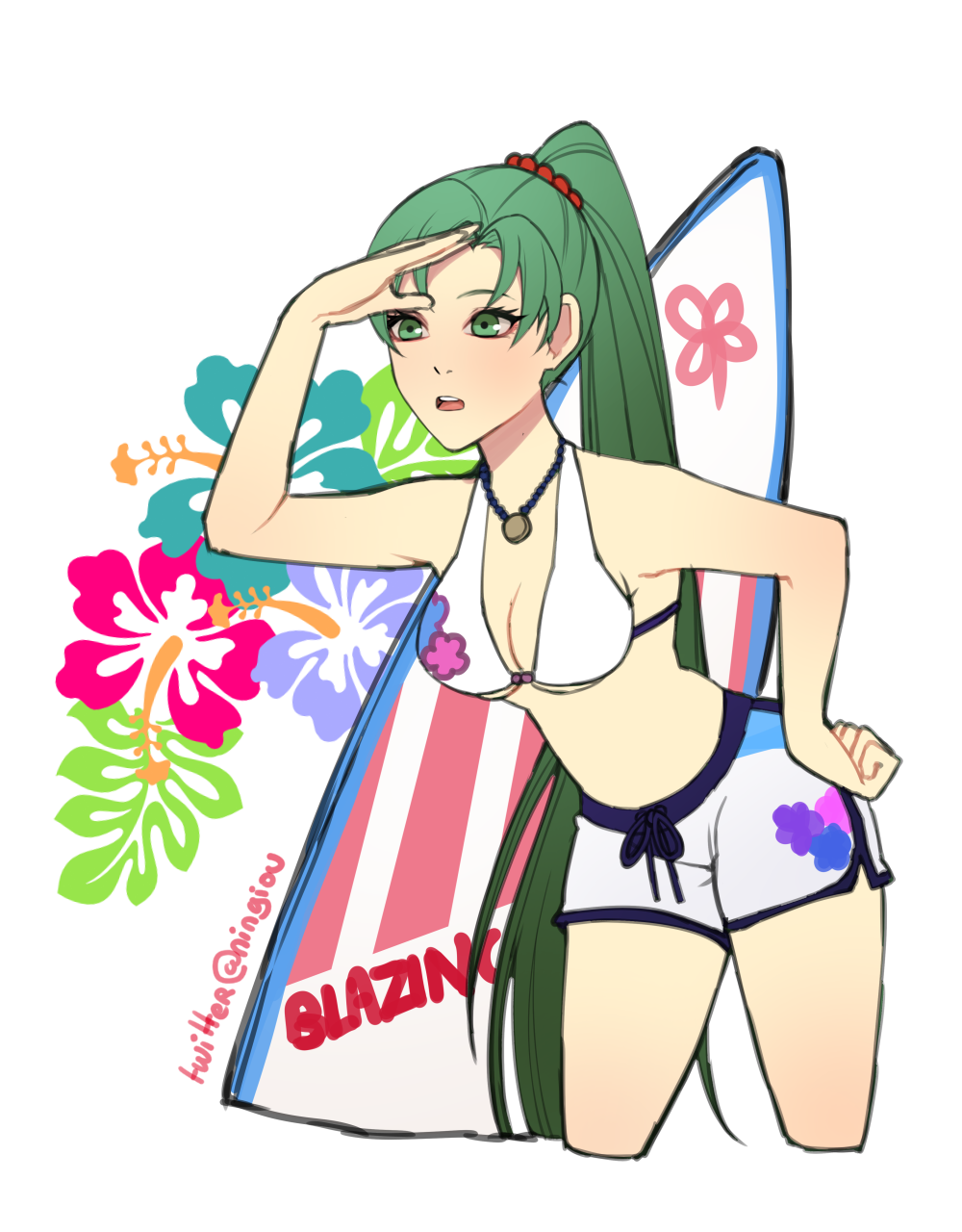 1girl alternate_costume arm arm_up bare_arms bare_legs bare_shoulders beads bikini breasts cleavage clenched_hand cowboy_shot cropped_legs female fire_emblem fire_emblem:_rekka_no_ken fire_emblem_heroes floral_background floral_print flower green_eyes green_hair hair_beads hair_ornament hand_on_hip hand_up hibiscus high_ponytail highres jewelry kyou_(ningiou) leaning leaning_forward legs lyndis_(fire_emblem) matching_hair/eyes medium_breasts midriff neck necklace nintendo open_mouth ponytail print_bikini print_swimsuit round_teeth shading_eyes short_shorts shorts solo summer surfboard swimsuit teeth transparent_background twitter_username under_boob very_long_hair white_bikini white_shorts white_swimsuit